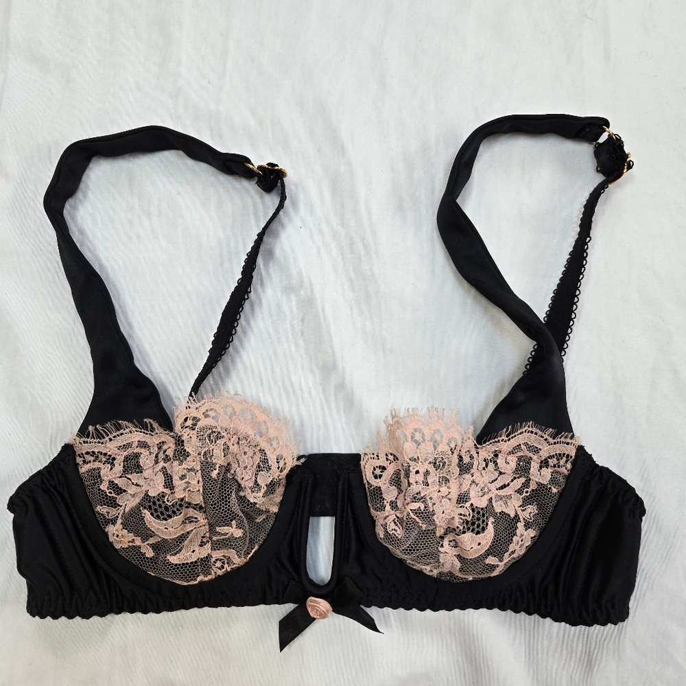 Agent Provocateur Black and Pink Underwire Lace Keyhole Demi Cup Bra